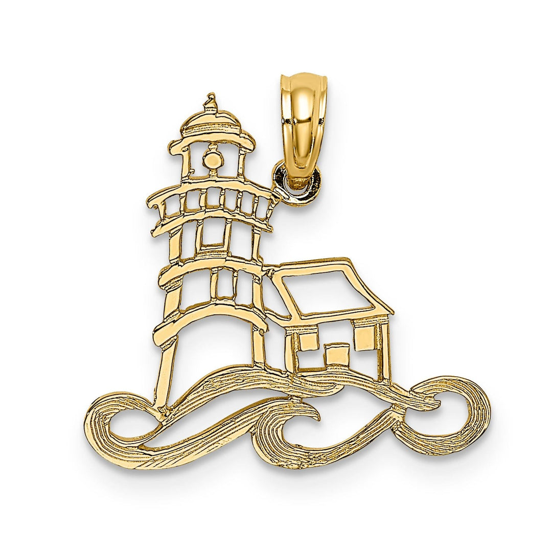 14K Yellow Gold Cut-Out Lighthouse with Water Design Charm Pendant