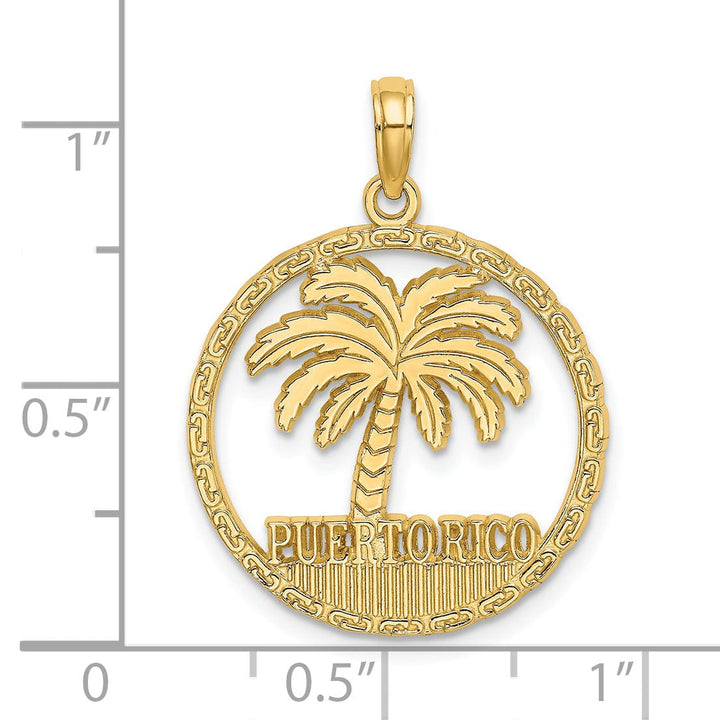 14K Yellow Gold PUERTO RICO Palm Tree Design Circle Pendant