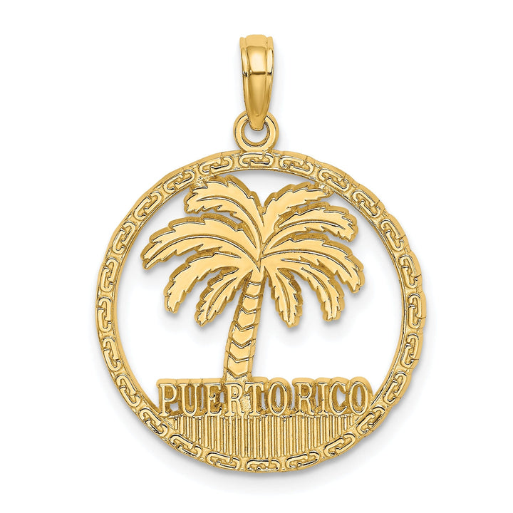 14K Yellow Gold PUERTO RICO Palm Tree Design Circle Pendant