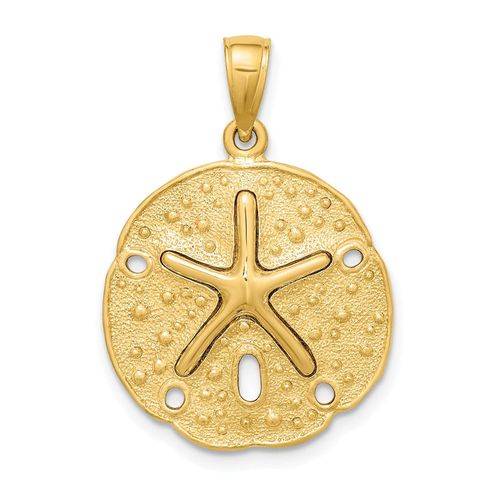 14K Yellow Gold Textured Polished Finish Starfish on Sea Sand Dollar Design Charm Pendant