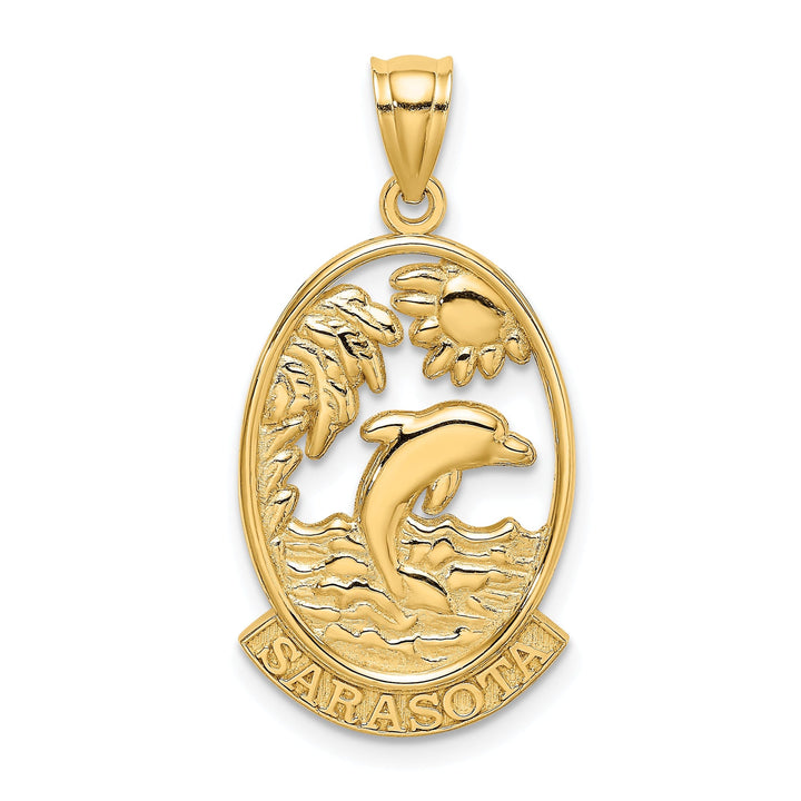 14K Yellow Gold Polished Finish SARSOTA Florida Dolphin with Sunset Scene Design Oval Shape Charm Pendant