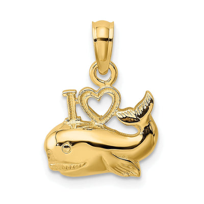 14K Yellow Gold 3-Dimensional Textured Polished Finish I HEART Design Whale Charm Pendant