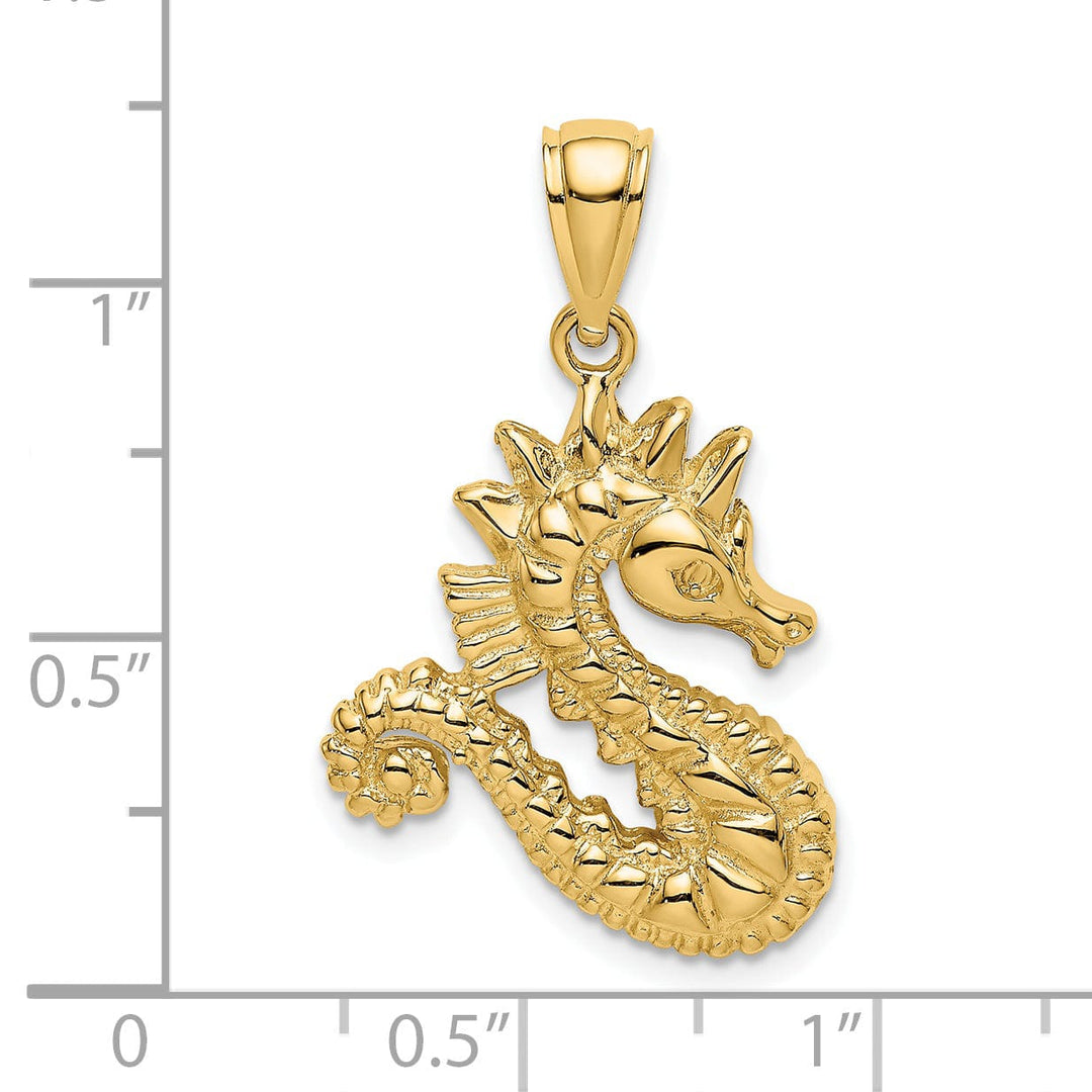 14K Yellow Gold Solid Texture Polished Finish Opend Back Size Seahorse Charm Pendant