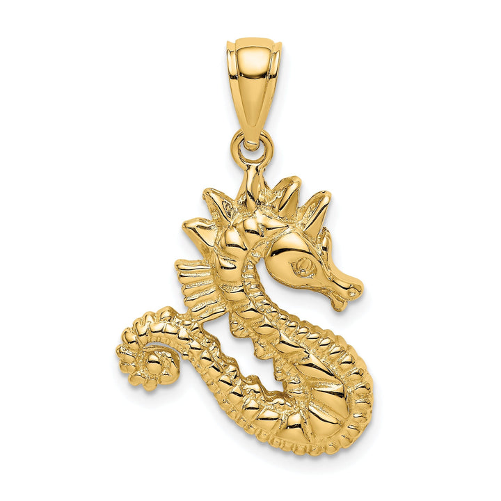 14K Yellow Gold Solid Texture Polished Finish Opend Back Size Seahorse Charm Pendant