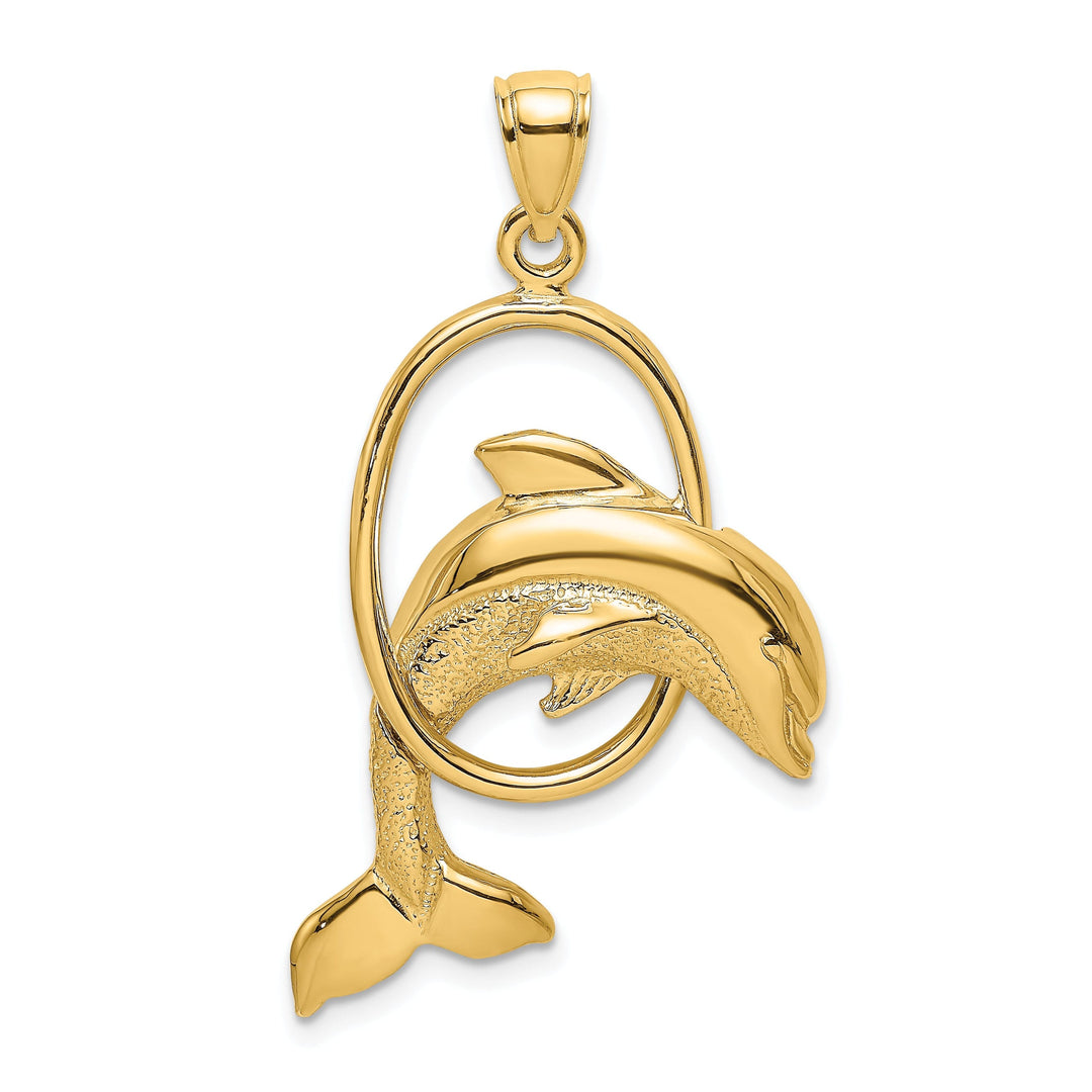 14K Yellow Gold Polished Textured Finish Dolphin Jumping Through Hoop Charm Pendant