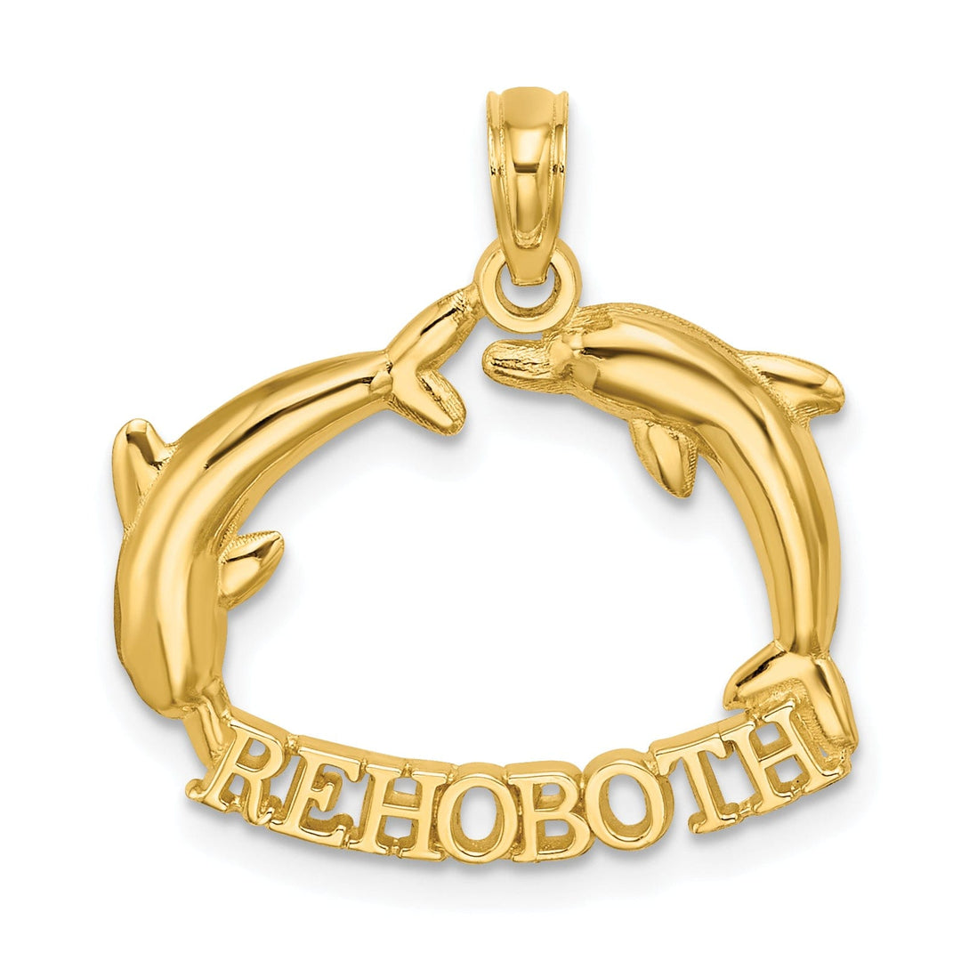 14K Yellow Gold Polished Finish REHOBOTH Banner with Double Jumping Dolphins Charm Pendant