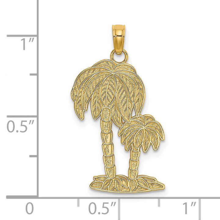 14K Yellow Gold Solid Textured Finish 2-Dimensional Double Palm Tree Design Charm Pendant