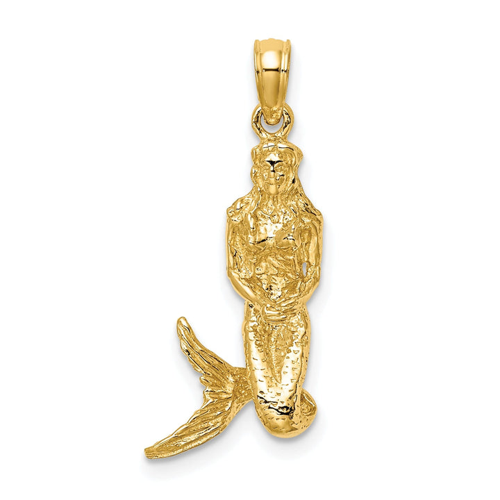 14K Yellow Gold Textured Polished Finish 3-Dimensional Mermaid Charm Pendant