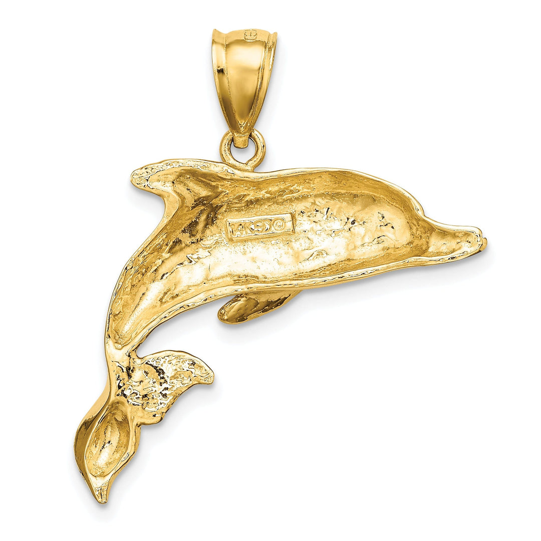 14K Yellow Gold 2-Dimensional Textured Polished Finish Dolphin Charm Pendant