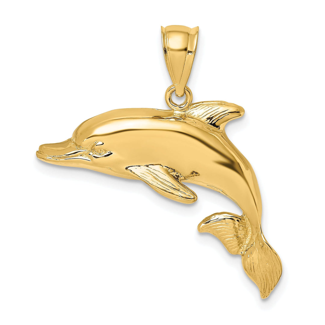 14K Yellow Gold 2-Dimensional Textured Polished Finish Dolphin Charm Pendant
