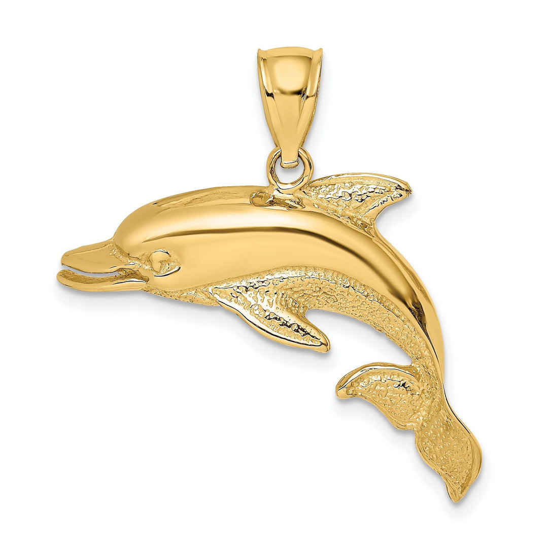 14k Yellow Gold Solid Casted Polished and Textrued Finish Open Mouth Dolphin Charm Pendant