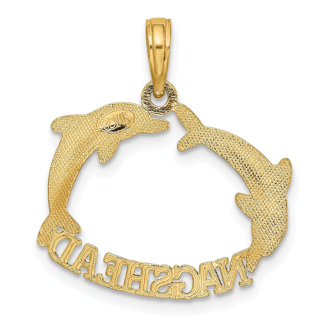 14K Yellow Gold Polished Finish NAGS HEAD Banner with Double Jumping Dolphins Charm Pendant