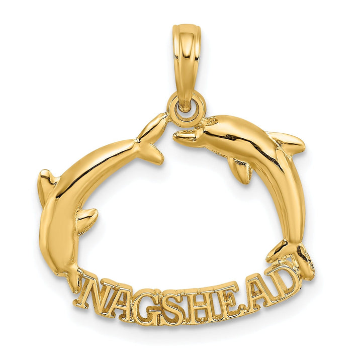 14K Yellow Gold Polished Finish NAGS HEAD Banner with Double Jumping Dolphins Charm Pendant