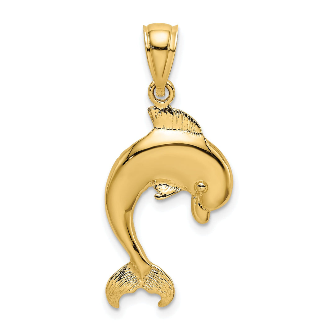 14k Yellow Gold Casted Textured and Polished Finish Jumping Dolphin Charm Pendant