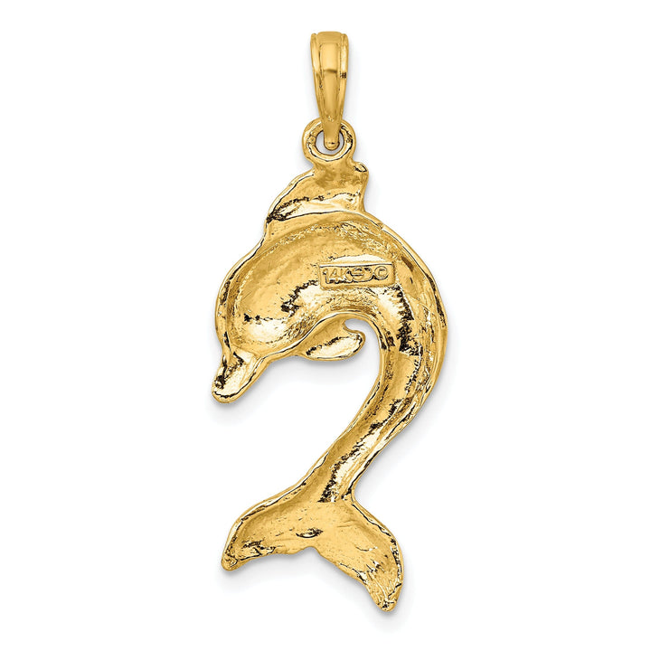 14K Yellow Gold 2-Dimensional Polished Finish Textured Dolphin Jumping Design Charm Pendant