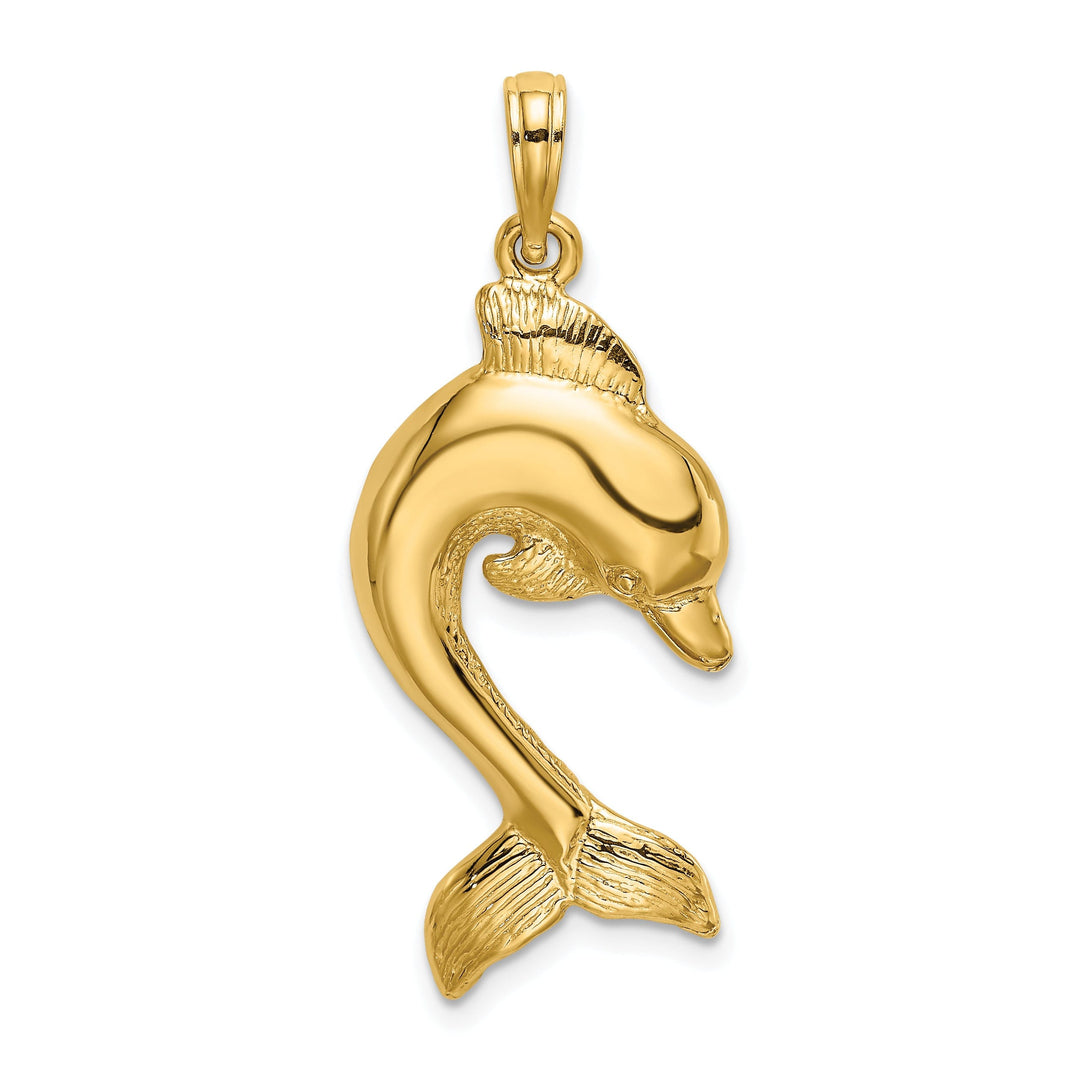 14K Yellow Gold 2-Dimensional Polished Finish Textured Dolphin Jumping Design Charm Pendant