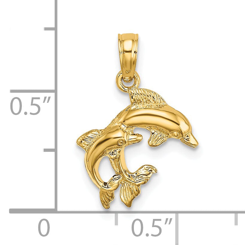 14K Yellow Gold Polished Finish 2-Dimensional Mini Double Dolphins Charm Pendant