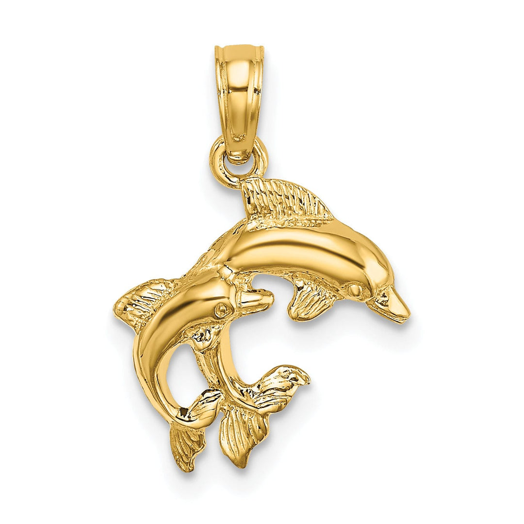 14K Yellow Gold Polished Finish 2-Dimensional Mini Double Dolphins Charm Pendant