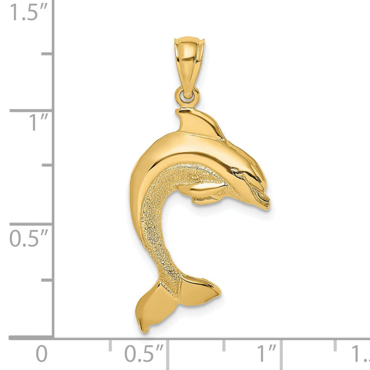 14K Yellow Gold 2-Dimensional Textured Polished Finish Dolphin Jumping Design Charm Pendant