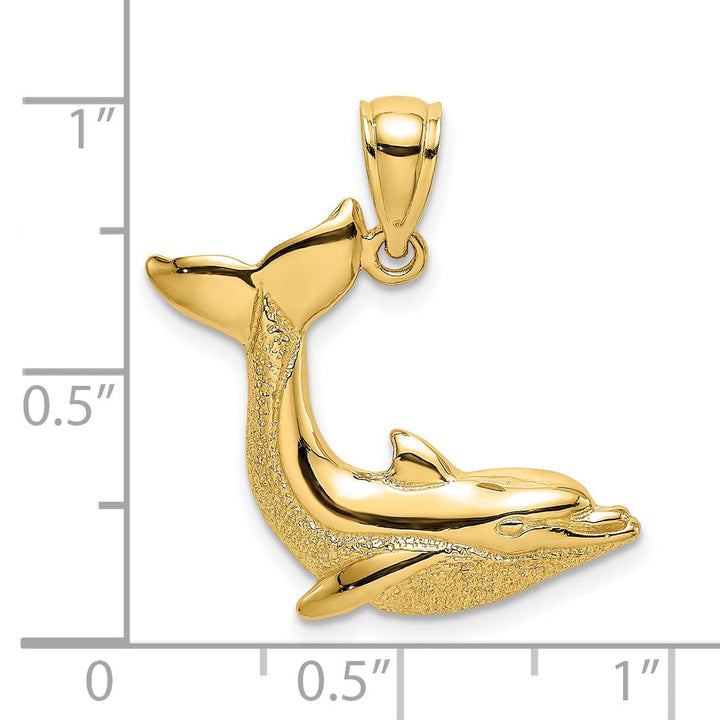 14K Yellow Gold Textured Polished Finish 2-Dimensional Dolphin Flapping its Tail Charm Pendant