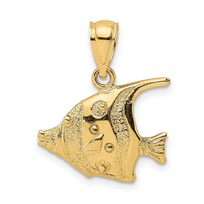 14K Yellow Gold Textured Polished Finish Solid Fish 2-Dimensional Design Charm Pendant