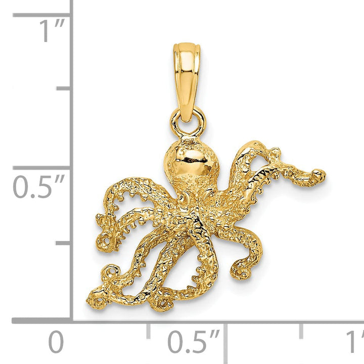 14K Yellow Gold Solid Textured Polished Finish Octopus Charm Pendant