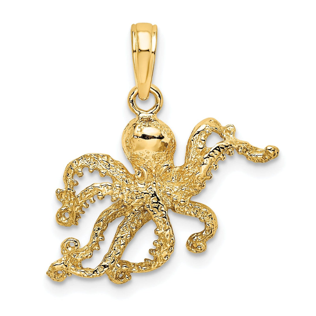 14K Yellow Gold Solid Textured Polished Finish Octopus Charm Pendant
