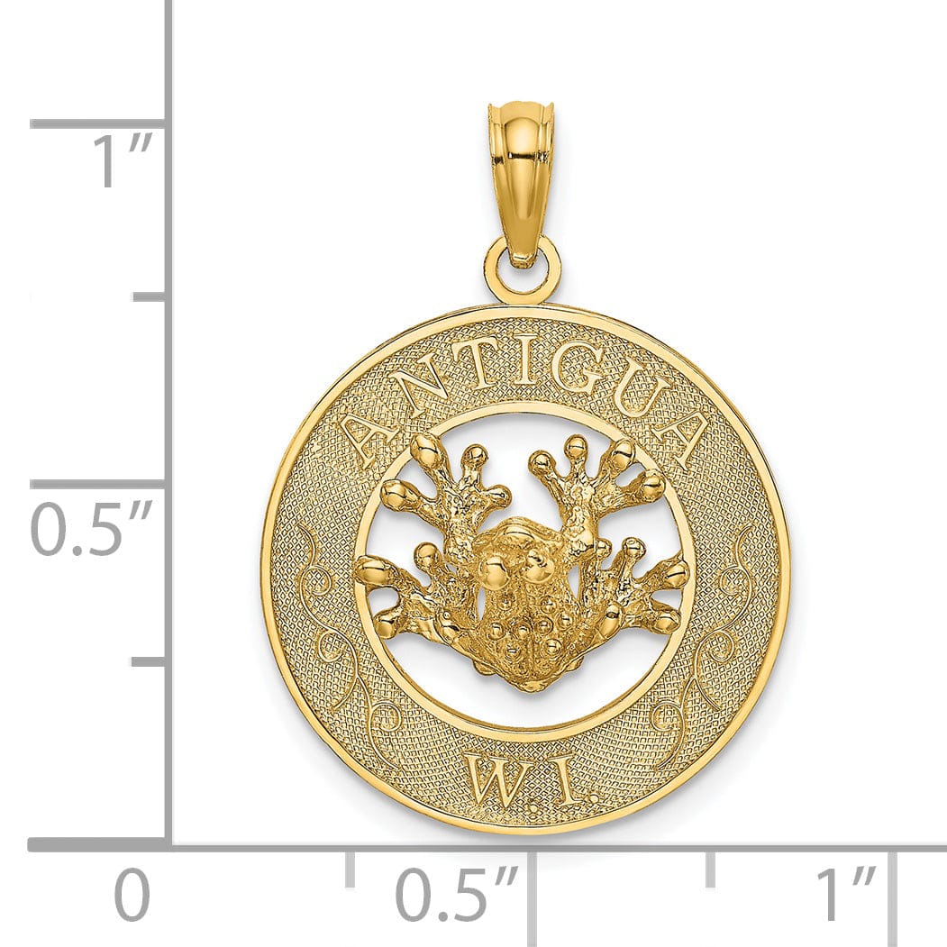 14K Yellow Gold Polished Finish Close Back ANTIGUA, W.I Circle Design with Frog Charm Pendant