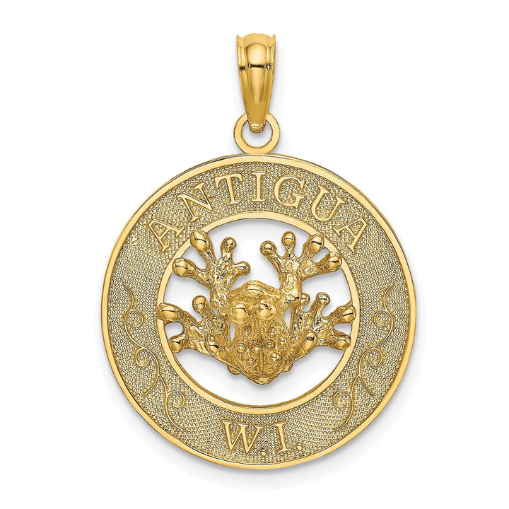 14K Yellow Gold Polished Finish Close Back ANTIGUA, W.I Circle Design with Frog Charm Pendant