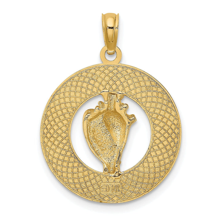 14K Yellow Gold Textured Polished Finish CAPE MAY with Conch Sea Shell in Circle Design Charm Pendant