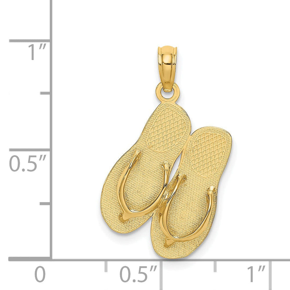 14K Yellow Gold Polished Textured Finish 3-Dimensional Large Size SEA ISLE Double Flip Flop Sandles Charm Pendant