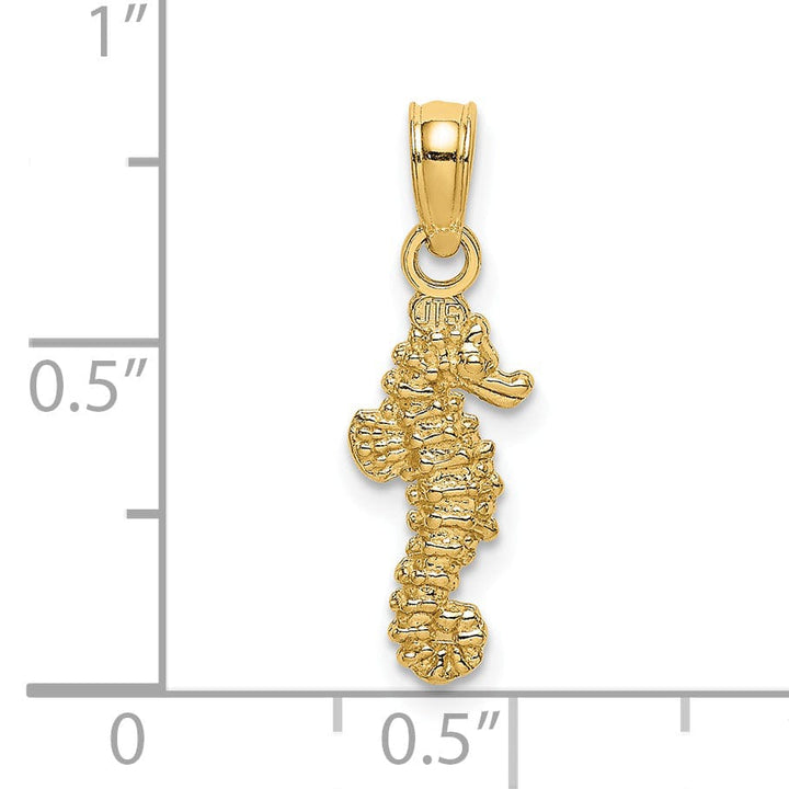 14K Yellow Gold Solid Texture Polished Finish 3-Dimensional Mini Size Seahorse Charm Pendant