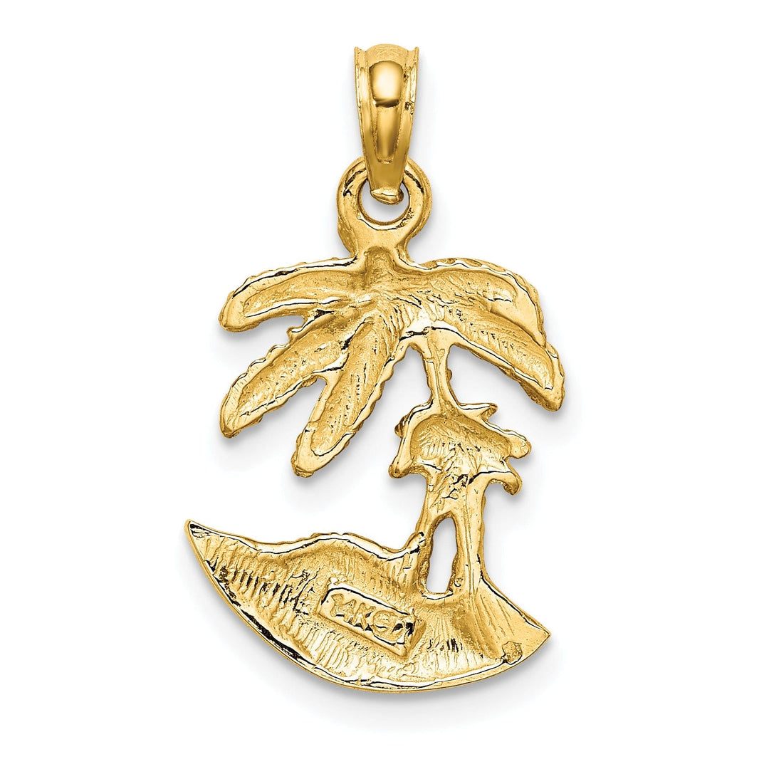 14K Yellow Gold Solid Polished Texture Finish Concave Shape 2-Dimensional Palm Trees On Island Charm Pendant