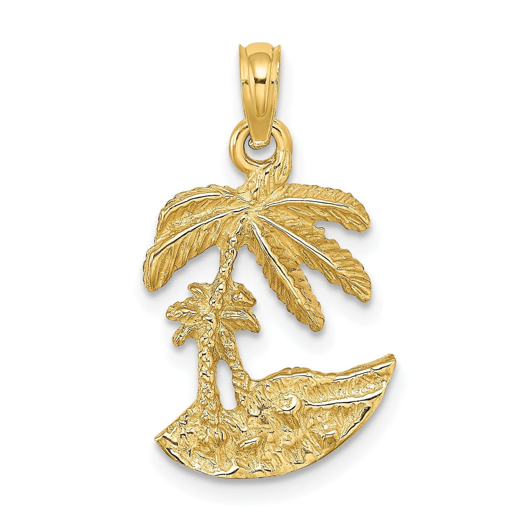 14K Yellow Gold Solid Polished Texture Finish Concave Shape 2-Dimensional Palm Trees On Island Charm Pendant