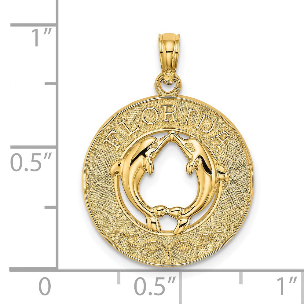 14K Yellow Gold Polished Textured Finish FLORIDA witn Double Dolphins in Circle Design Charm Pendant