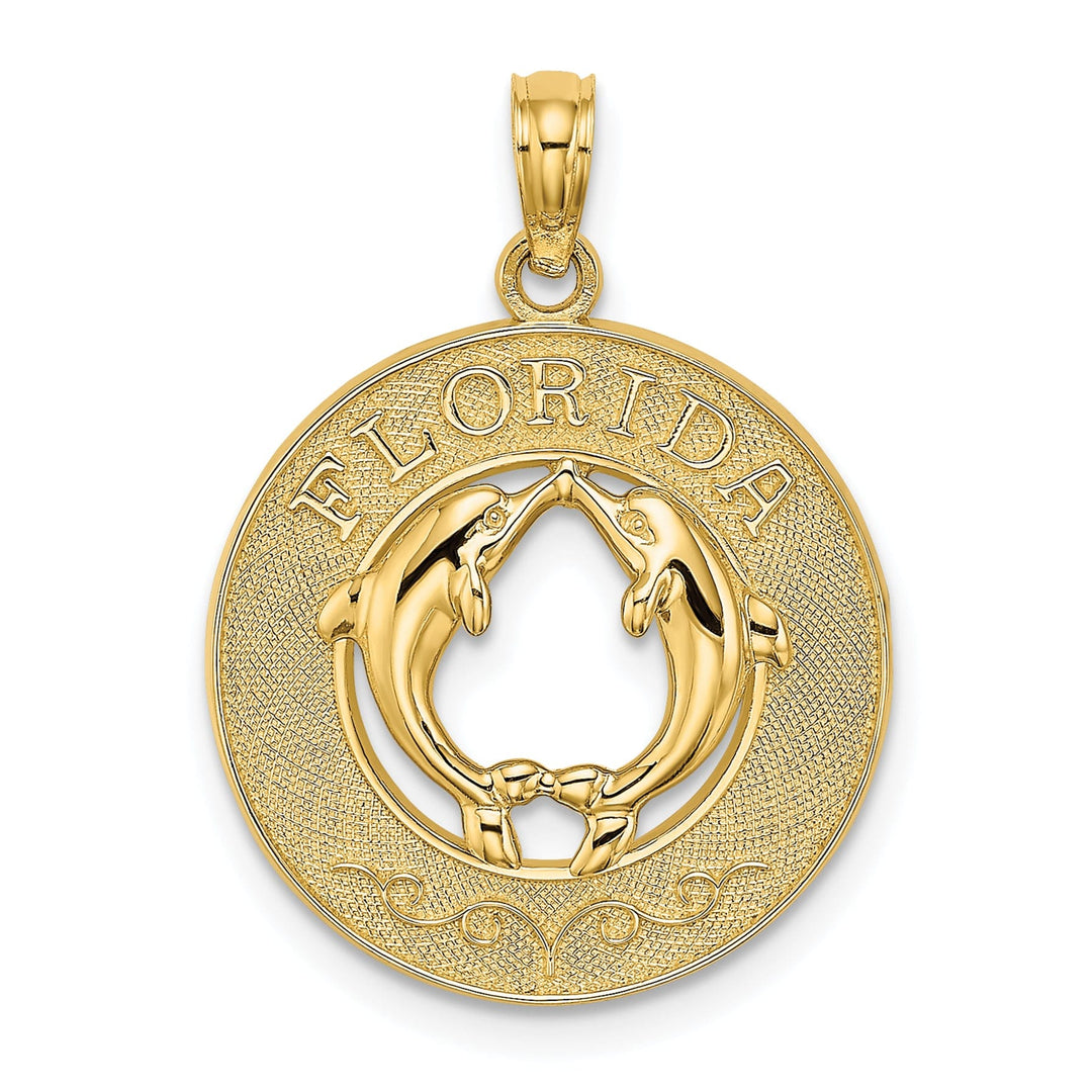 14K Yellow Gold Polished Textured Finish FLORIDA witn Double Dolphins in Circle Design Charm Pendant
