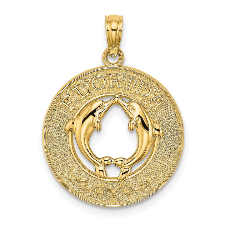 14K Yellow Gold Polished Textured Finish FLORIDA witn Double Dolphins in Circle Design Charm Pendant