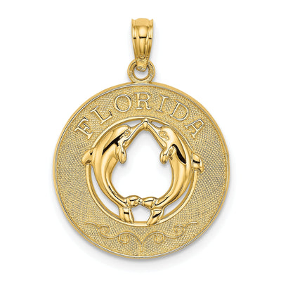 14K Yellow Gold Polished Textured Finish FLORIDA witn Double Dolphins in Circle Design Charm Pendant at $ 190.62 only from Jewelryshopping.com