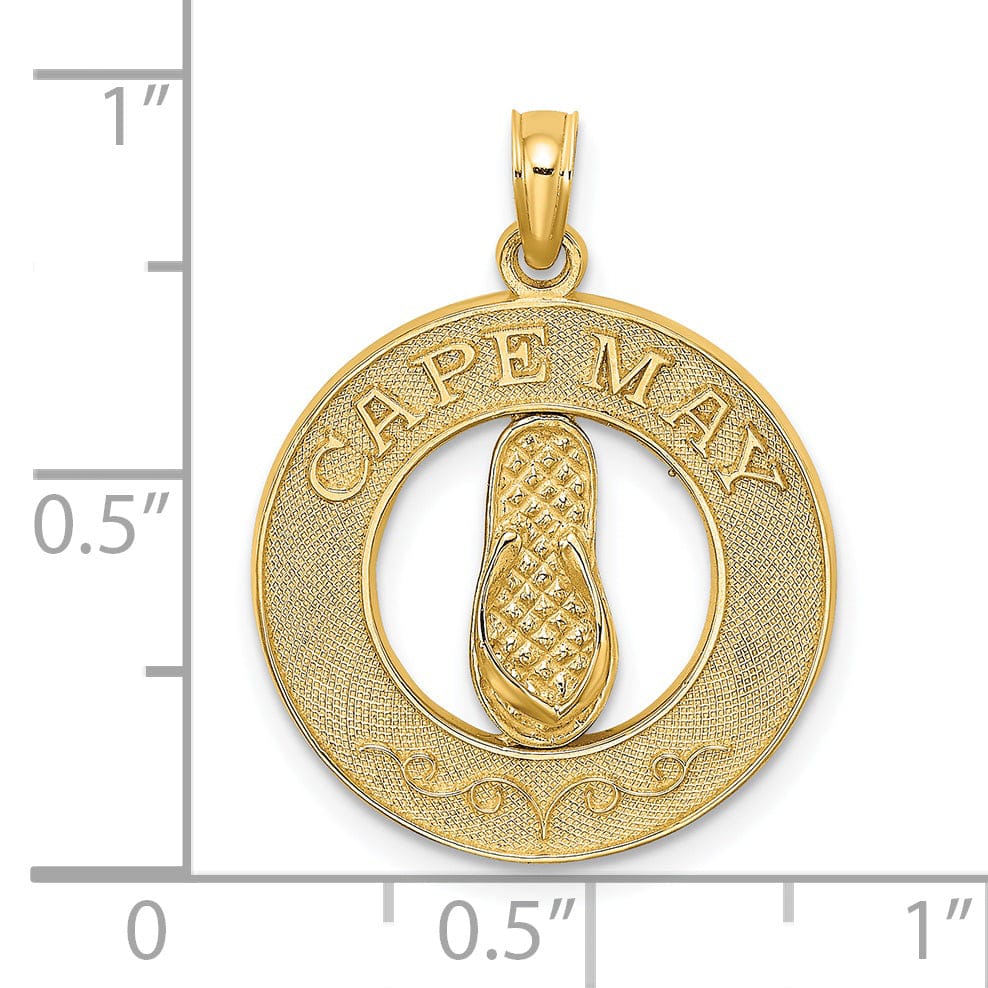 14K Yellow Gold Polished Textured Finish CAPE MAY with Flip-Flop Sandle in Circle Design Charm Pendant