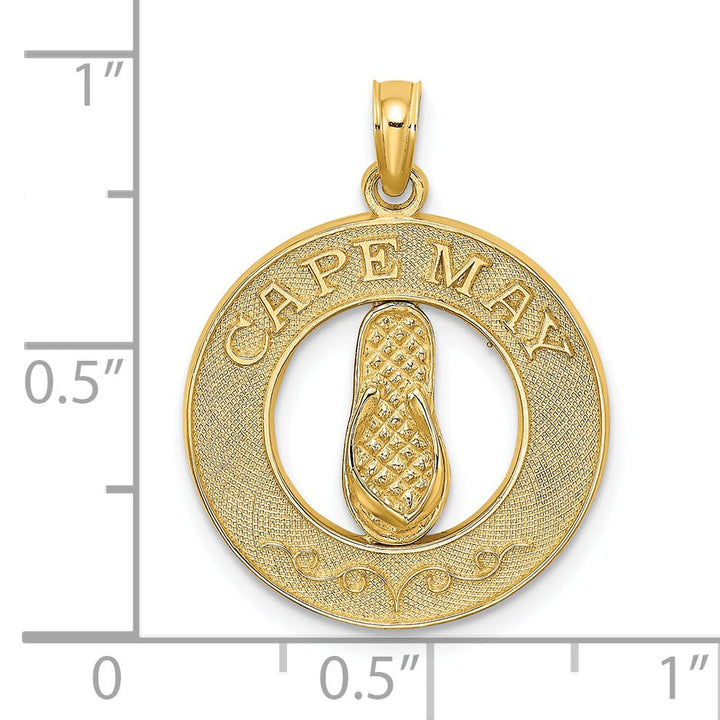 14K Yellow Gold Polished Textured Finish CAPE MAY with Flip-Flop Sandle in Circle Design Charm Pendant