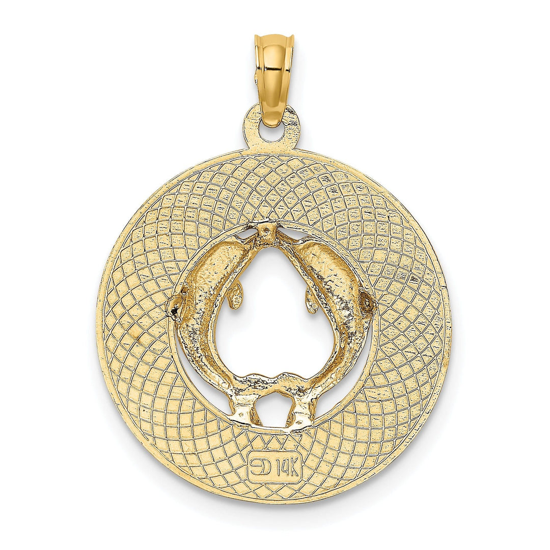 14K Yellow Gold Polished Textured Finish MARCO ISLAND with Double Dolphins in Circle Design Charm Pendant