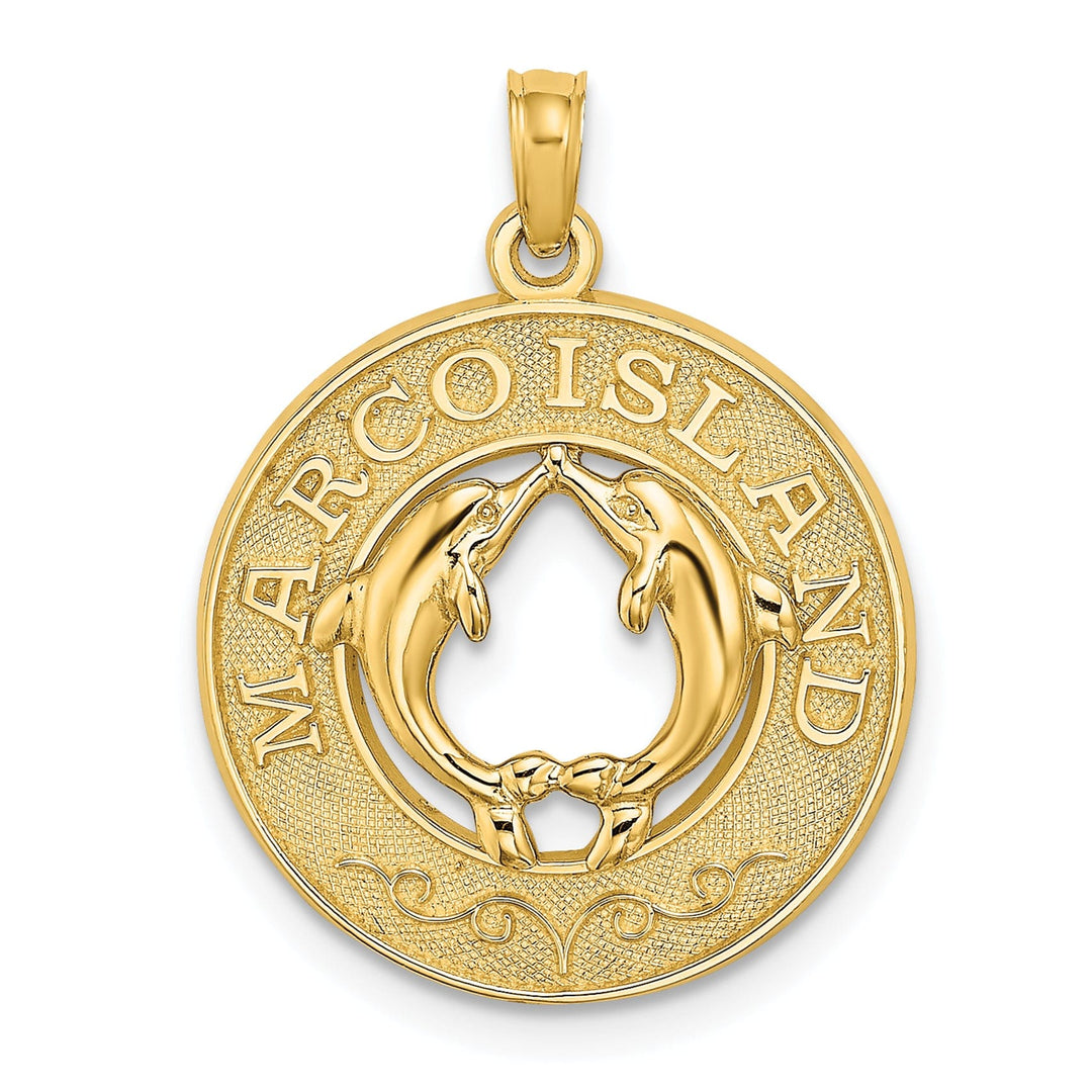 14K Yellow Gold Polished Textured Finish MARCO ISLAND with Double Dolphins in Circle Design Charm Pendant