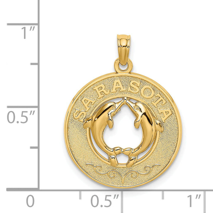 14K Yellow Gold Polished Textured Finish SARASOTA Florida with Double Dolphins in Circle Design Charm Pendant