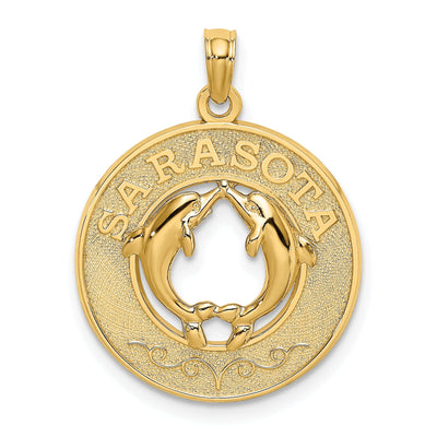 14K Yellow Gold Polished Textured Finish SARASOTA Florida with Double Dolphins in Circle Design Charm Pendant at $ 206.02 only from Jewelryshopping.com
