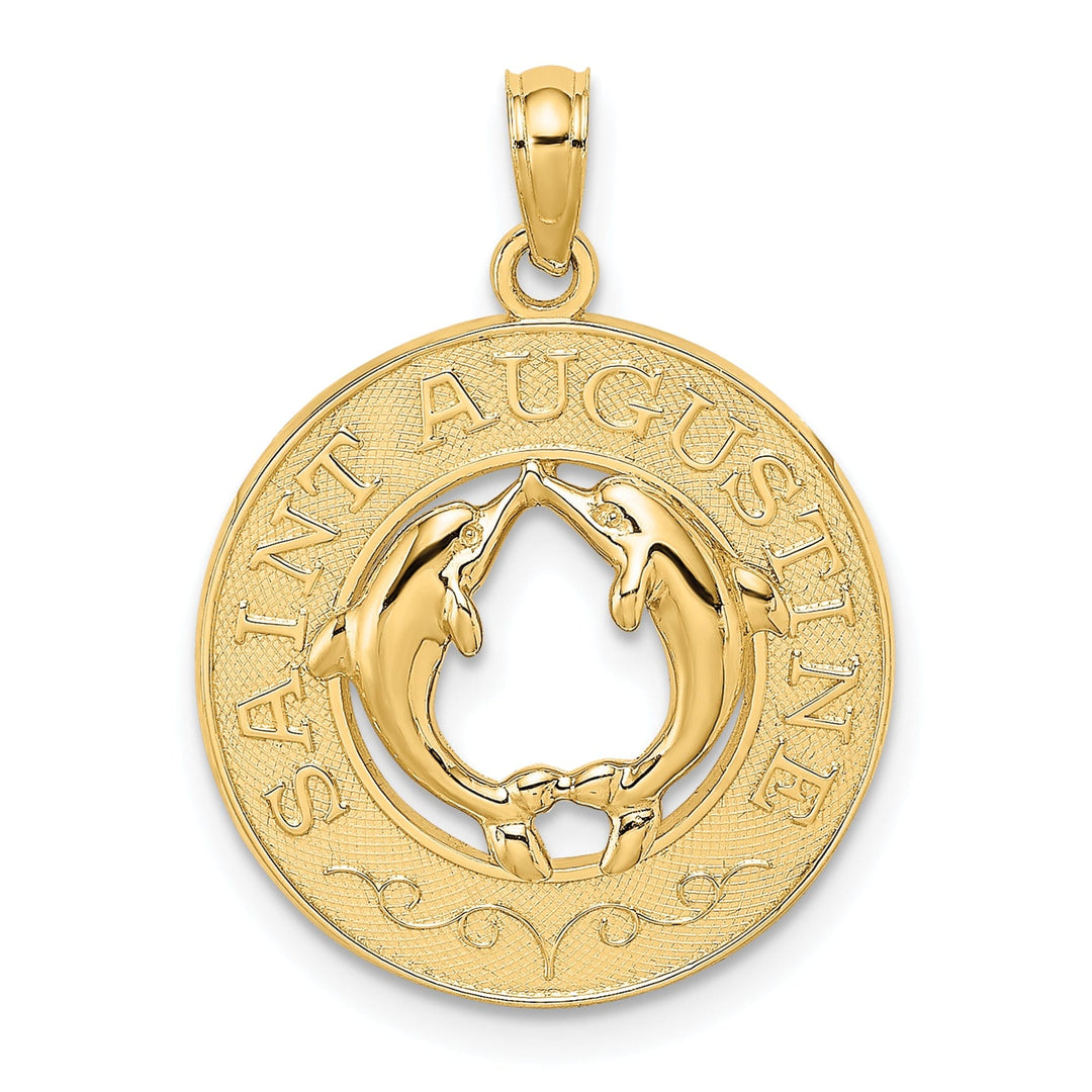 14K Yellow Gold Polished Textured Finish ST. AUGUSTINE Florida with Double Dolphins in Circle Design Charm Pendant