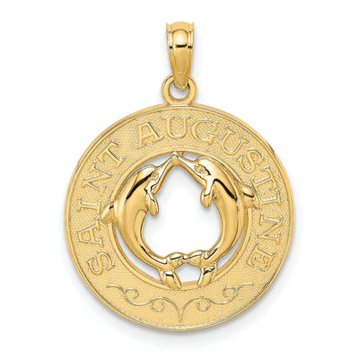 14K Yellow Gold Polished Textured Finish ST. AUGUSTINE Florida with Double Dolphins in Circle Design Charm Pendant at $ 199.22 only from Jewelryshopping.com