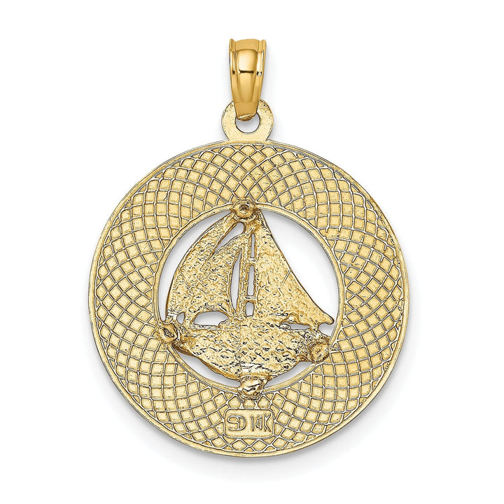 14K Yellow Gold Polished Textured Finish ANNAPOLIS Marland Sailboat in Circle Design Charm Pendant