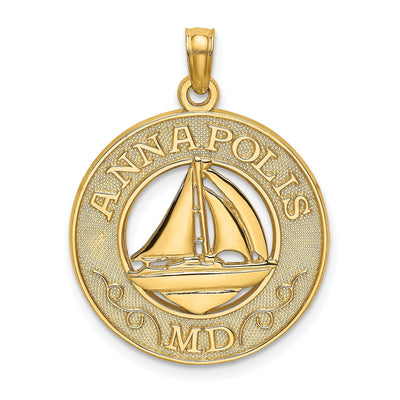 14K Yellow Gold Polished Textured Finish ANNAPOLIS Marland Sailboat in Circle Design Charm Pendant at $ 169.64 only from Jewelryshopping.com