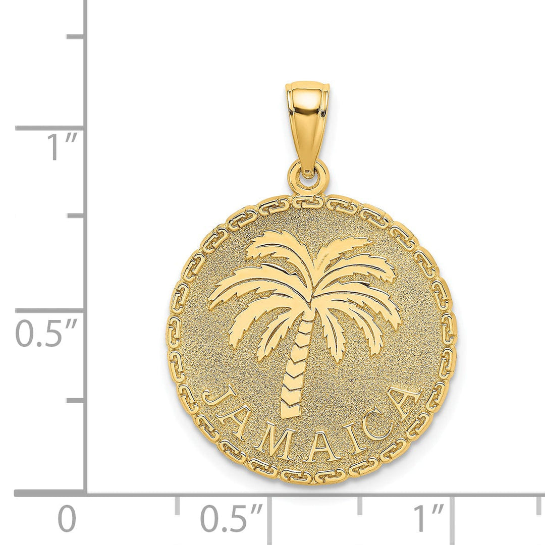 14K Yellow Gold Polished Textured Finish JAMAICA & Palm Tree in Round Disk Shape Charm Pendant