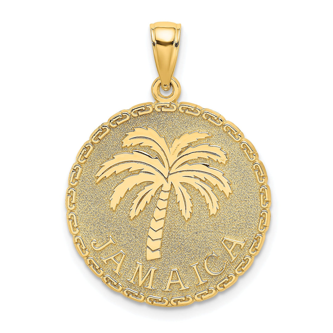 14K Yellow Gold Polished Textured Finish JAMAICA & Palm Tree in Round Disk Shape Charm Pendant